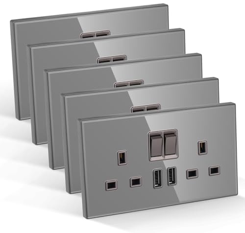 CNBINGO Double Switched Socket with 2 USB-A Ports, Electric Power Sockets 2 Gang 13 Amp, Grey Tempered Glass Panel Wall Outlet, 5 Pack | Electric Socket with USB-A Ports output 3.1Amp, 2 Gang 13 Amp Wall Outlet with Power Switch, DIY install
