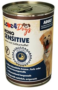 Love4Dog´s Nassfutter Mono Sensitive für ausgewachsene Hunde | 6x400g | Lamm mit Süsskartoffel | Hundenassfutter | Alleinfutter | ohne Zusatzstoffe