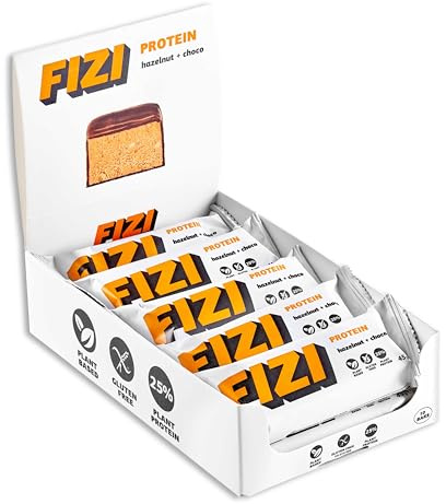 FIZI Barritas de Alta Proteína - Avellana + Chocolate 10 x 45 g - Barritas Veganas - 11% Proteína Vegetal - Sin Azúcar - Sin Lácteos - Sin Aceite de Palma