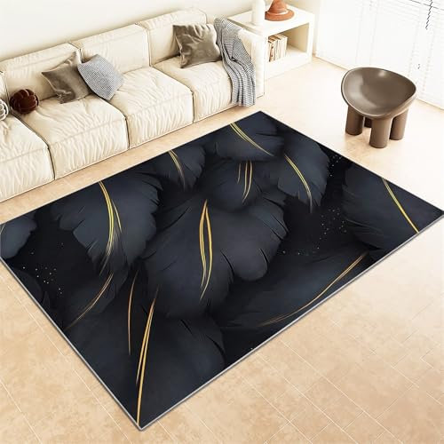 Teppich Wohnzimmer Waschbarer 120 X 170 cm - Kurzflor Flanell Teppich Großer Schlafzimmer - Dunkelgraue Federn Goldene Linien Weich rutschfest Design Für Büro, Esszimmer, Küchen, Dunkel
