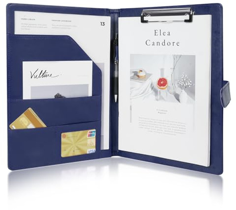 OFFCUP Cartella Porta Documenti A4 Pelle Portablocco Con Pinza Cartellina Portablocchi Cartelline Blocco Appunti Folio con Chiusura Magnetica per Curriculum Porta Carte Appunti -Blu
