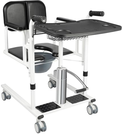 OUKANING Toilettenstuhl mit Rollen - Transportrollstuhl Höhenverstellbar Duschstuhl mit Bremsen Hydraulischer Patientenlift 150 kg Belastbar Transferhilfe für Senioren Behinderte (Schwarz)
