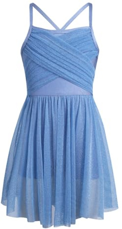 Riismen Girls Shiny Ballet Lyrical Dance Dress Spaghetti Straps Bowtie Back Leotard Mesh Dancewear Light Blue 11-12 Years