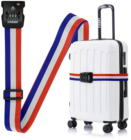 Flexot® F-3046 | Koffergurt mit Clip-Schnalle, TSA + Zahlenschloss | Verstellbare Länge | reißfestes Gewebe | für alle Koffer wie Handgepäck, Reisekoffer aus ABS oder Stoff (Rot-Weiß-Blau)