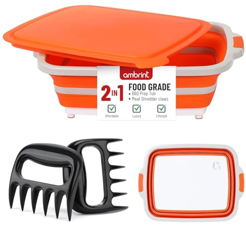 AMBRINT Medium 8L BBQ Prep Tub with Lid & 2 pcs Meat Shredder Claws, Collapsible Cutting Board for Brisket, BBQ Tray for Meal Prep marinating, Versatile Kitchen Container for Meat & Food storage