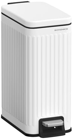 SONGMICS Bathroom Trash Can, 1.6-Gallon (6 L) Trash Bin with Lid, Slim for Small Spaces, Stainless Steel Garbage Can, Soft Close, White ULTB563W02