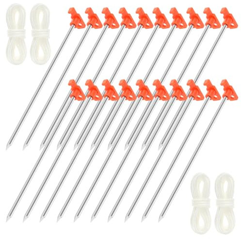 20PCS Zeltheringe Sturmsicher 25 cm Zeltheringe zum Schrauben Heringe Erdnägel Stabil mit Seil Camping Heringe Set für Harte Böden Wald Wiesen Gras