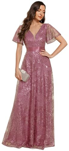 Ever-Pretty Maxi Women Dresses Embroidery Sequin Formal Evening Dress Illusion Double V-Neck with Ruffles Sleeve 2314