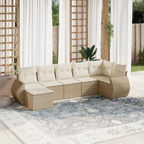 IKAYAA Gartenlounge mit Stauraum Rattan Gartenmöbel Set mit Stauraum Balkon Lounge Balkonsofa Kleiner Balkon Gartensofa Ecksofa Rattansofa Lounge Sofa Outdoor-Beige und Creme-7-tlg Typ 2