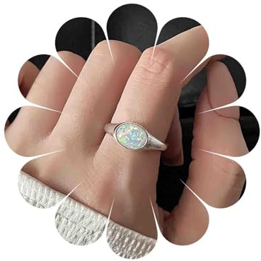 Cybche Anillo de ópalo ovalado bohemio de plata ajustable con piedra lunar abierta, minimalista, piedra de ópalo blanco, anillos de dedo para nudillos, anillos de piedra natal para mujer