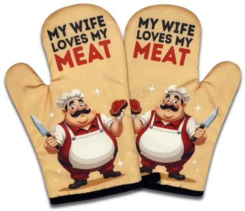 NAHMAKNE 2 Pack Funny BBQ Oven Mitts, My Wife Loves My Meat, Heat Resistant Non-Slip Mitts, Husband Christmas Birthday Gifts from Wife, Humorous Grilling Cooking Gifts for Men Husband Chef Friend