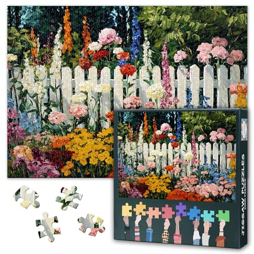 Jigsaw Puzzle 1000 Pieces for Adults, Colorful Cottage Garden Adult Jigsaw Puzzles, Blooming Flowers White Picket Fence 1000 Piece Puzzle Challenging Game Finished Size 50x70 cm