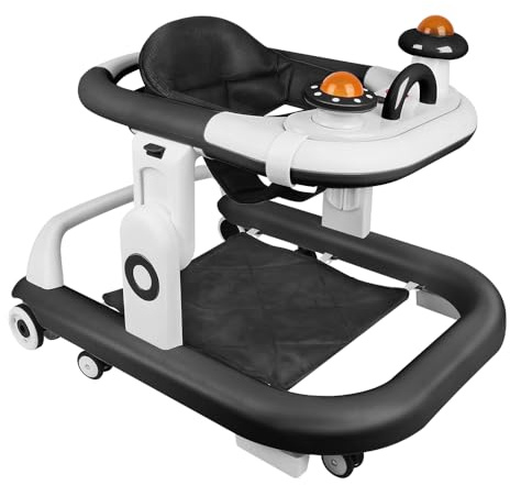 Homewell 3 in 1 Lauflernhilfe Klappbar, Baby Spiel-, Musik, Esstisch und abnehmbarem Spielboard, Laufwagen 3 Höheneinstellungen, Laufstuhl babys ab 6 Monaten Faltbarer (Schwarz)
