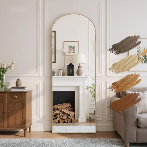 Reflix Specchio per tutto il corpo con arco, 161 x 52 cm, cornice in alluminio con finitura in teak, da appoggio, da appendere o da montare a parete, ideale per soggiorno e camera da letto