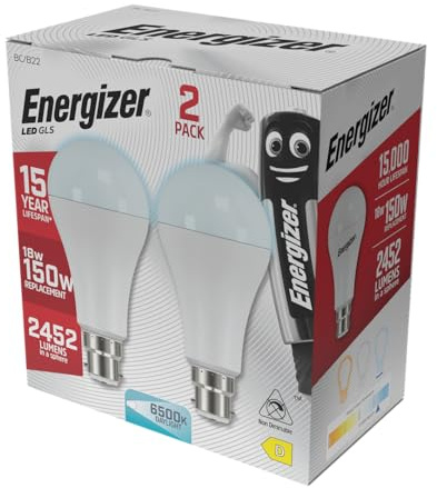 Energizer B22 Bayonet LED Bulb 150W, Daylight, 150 Watts Equivalent, 6500K 18W BC GLS, Light Bulbs, Energy Saving, 2452 Lumen, Non-Dimmable, Extra Bright, Pack of 2