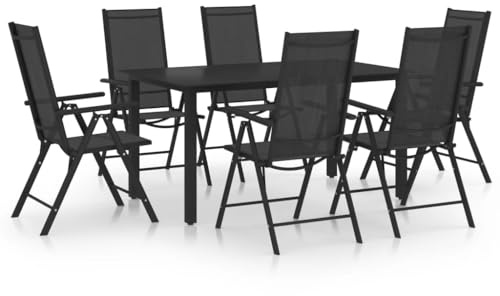 QJBSAVVA 7-TLG. Gartenmöbel Set Aluminium Schwarz 150x90x74 cm Esstisch klappbare Stühle 7-Fach verstellbare Lehne Robustes Outdoor Möbelset für Balkon Terrasse Garten