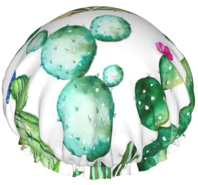 Cactus Flower Print Shower Cap, Lined Shower Cap For Women Reusable, Double Layer Waterproof Bath Cap
