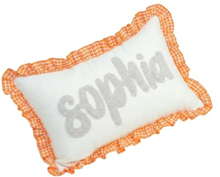 mia'spillow lab Custom Name Punch Needle Cushion – Handcrafted Decorative Throw Pillow with Plaid Ruffle Trim – Personalized Decorative Accent for Nursery Shelf or Rocking Chair – Gift for Newborn
