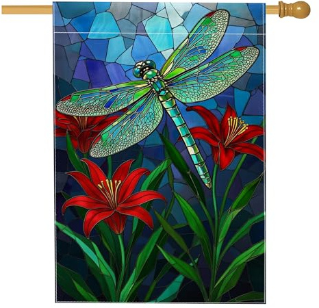 Drapeau de maison en forme de libellule inspirée de la nature - Lys rouge et feuilles vertes - Bleu printemps - Double face - Décoration extérieure pour porche, pelouse, cour, patio, entrée - 71 x