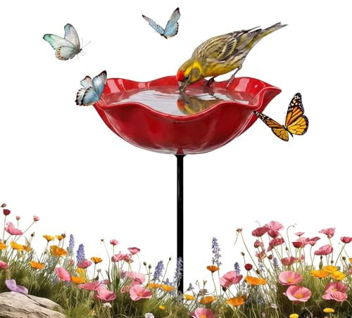 Vogeltränke Blume für Den Garten Handgefertigtes Harz Vogeltränke Gartenstecker Metall, für Bienen und Schmetterlinge Vogeltränkes Blume BienenträNke für AußengäRten, Innenhöfe und Terrassen (Rot)