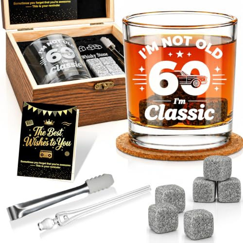 EXREIZST 1966 Whisky Glass Set – 60th Gifts for Him, Box & Stones | 1966 Vintage Whisky Set with Wood Box, Stones, Straw & Tongs – Ideal 60th Gift for Dad Husband