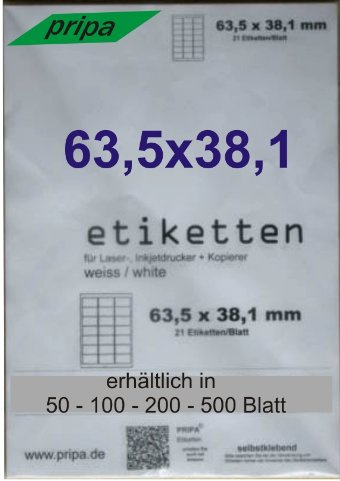 pripa - Etiketten 63,5 x 38,1-21 Stueck auf A4-200 Blatt DIN A4 selbstklebende Etiketten DHL Post