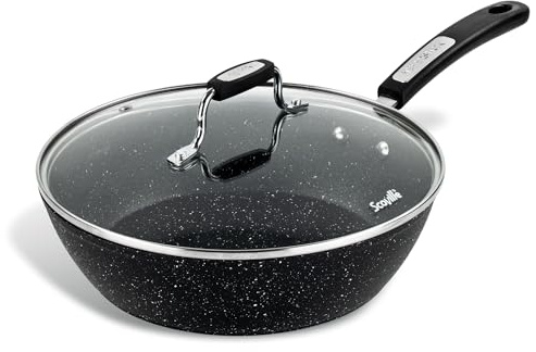 Scoville NEVERSTICK 26cm Sauté Pan with Lid, Non-Stick Deep Frying Pan, Suitable for All Hobs Including Induction, Rapid Heat Conduction, PFOA Free, Dishwasher Safe, Aluminium, Black