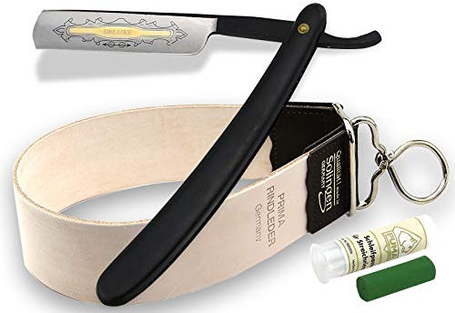 Rasiermesser Set Solingen Streichriemen und Paste mit schwarzem Rasiermesser mit Goldätzung Einsteiger und Profi Set mit Echt Leder Abzielehder Made in Germany