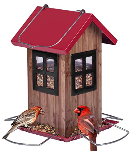 Kingsyard Vogelfutterspender Metall, vogelhäuser für draußen | Vogelfutterstation mit 4 Futteröffnungen, Abflusslöchern, Einfach zu reinigen & nachzufüllen, Schwarze Fenster