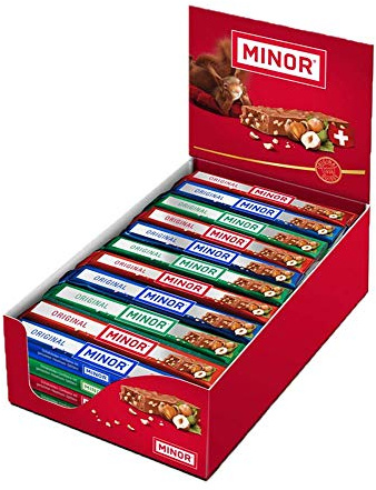 Minor Original Schweizer Schokolade Schokoriegel Classic 44 x 42g 1,848kg | knackige Haselnuss-Splitter, glutenfrei, Thekendisplay Nougat Gianduja, Schokoladenriegel, für Genießer