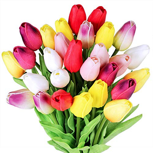 Winlyn 28 Pcs Multicolor Tulips Artificial Flowers Faux Tulip Stems Real Feel PU Tulips Easter Spring Wedding Bouquet Centerpiece Floral Arrangement Cemetery Table Décor 14 Tall