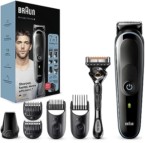 Braun 7-in-1 All-In-One Trimmer Series 3, Male Grooming Kit With Beard Trimmer, Hair Clippers, Gillette Razor & Precision Trimmer, 5 Attachments, Gifts For Men, UK 2 Pin Plug, MGK3245, Black/Blue Razor