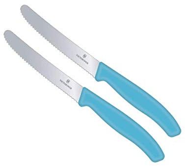 Victorinox | Küchenmesser-Set | 2 Stück Karibikblau | Klingenlänge: 11cm | Extra scharfer Wellenschliff | Tafelmesser mit ergonomischen Griff