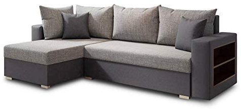 Ecksofa Lord mit Regal und Schlaffunktion - Sofa mit Bettkasten, Schlafsofa, Polsterecke, Couch L-Form, Couchgarnitur, Sofagarnitur (Grau + Grau (Dolaro 04 + Berlin 01), Ecksofa Links)