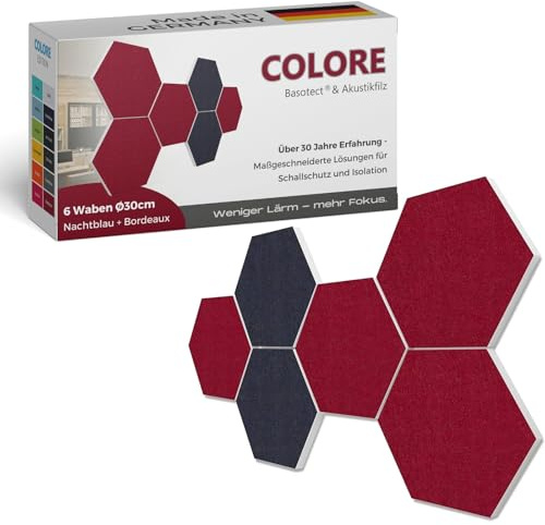 platino24 Akustikpaneele 6 Elemente Colore Waben Ø 30 cm Nachtblau + Bordeaux I Schallabsorber aus Basotect G+ mit Akustikfilz I Schalldämmung Wand & Decke I Akustikelemente Wandpaneel