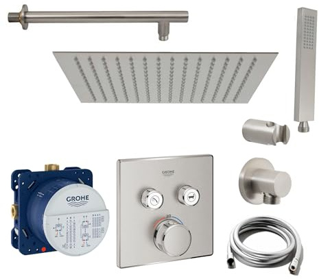 vanvilla Duschsystem mit Unterputz Duscharmatur von Grohe SmartControl Supersteel 2-Wege und vanvilla Regendusche mit Armatur, Duschkopf eckig, Dusch-SET GB03 gebürstet