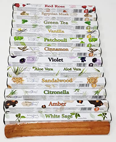 Stamford Incense Sticks Gift Set – 12 Fragrances with JRose Wooden Holder – Aromatherapy & Meditation – 240 Sticks – Red Rose, White Sage, Patchouli, Sandalwood, Amber & More ST12Mix1