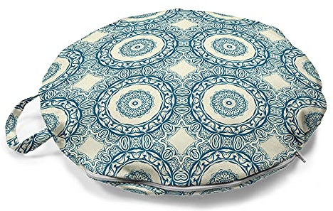 ABAKUHAUS marokkanisch Rundes Bodenkissen mit Griff, Circular Oriental, dekoratives Kissen für Wohnzimmer & Schlafsäle, 45 cm, Creme und Dunkel Sky Blue