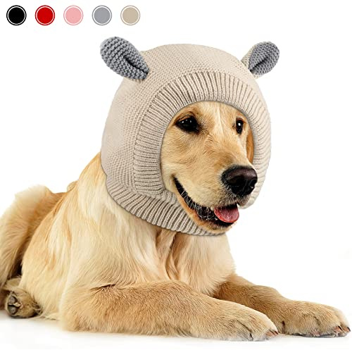 Frienda Quiet Ears for Dogs & Cats, Noise Protection Knitted Pet Ears Snood Head Wrap Hats, Medium to Large, Beige | 14.96 Neck for Medium Breeds, Fireworks Thunder Anxiety Relief, Fleece Lined Warm Beanie, Sound Dampening Grooming Hood