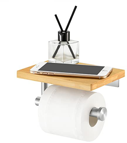 KES Porte Papier Toilette avec étagère en Bambou Porte-Papier Hygiénique Mural, Acier Inoxydable Brossé, BPH220BA-2