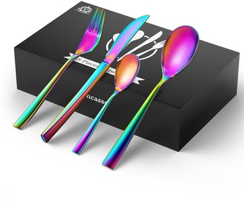 vancasso Ménagère 48 Pièces en Acier Inoxydable, Arc-en-Ciel, Couverts de Table Bout Carré, Service de Couverts 12 Personnes Comprenant 1 Couteau, 1 Fourchette, 2 Cuillère, Lavable au Lave-Vaisselle