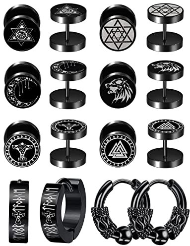 Adramata 8 Paare Ohrstecker Herren, Edelstahl Wikinger Ohrringe, 10mm Fake Plugs Ohrstecker, Klassische Ohrringe Hoop für Frauen Männer