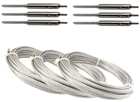 DIY Niro Spannseil Set - Schraubterminal M6 & Stockschraube – 3x Rechtsgewinde, 3x Linksgewinde, 3x 5m -3mm Ø Drahtseil (= 3 Sets)