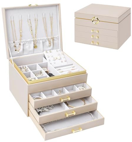 V-LAFUYLIFE Schmuckschatulle für Damen und Mädchen, 4-lagig, große Schmuckschatullen mit 3 Schubladen, Schmuck-Aufbewahrungsbox für Ohrringe, Armbänder, Halsketten