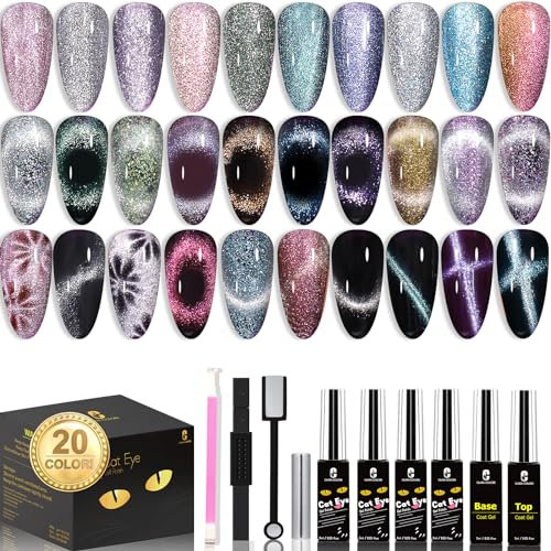 Clara Colors Cat Eye Gel Nagellack Set, 20 Farben magnetischer Nagellack holografischer Glitzer Galaxy Serie mit 4 Magneten schwarz weißem Basisgel und Basis Decklack Soak Off UV LED