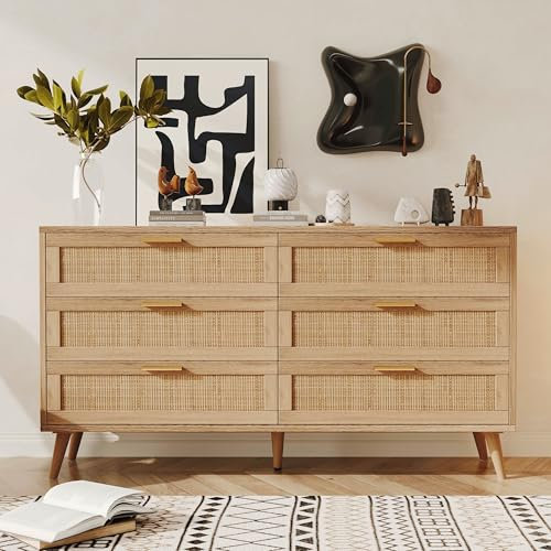 Rovaurx Rattan 6 Drawer Double Dresser for Bedroom, 47.2 Wide Boho Chest of Drawers, Modern Wooden Dresser Chest with Golden Handles, Beside Table for Closet, Living Room and Entryway, Natural Oak