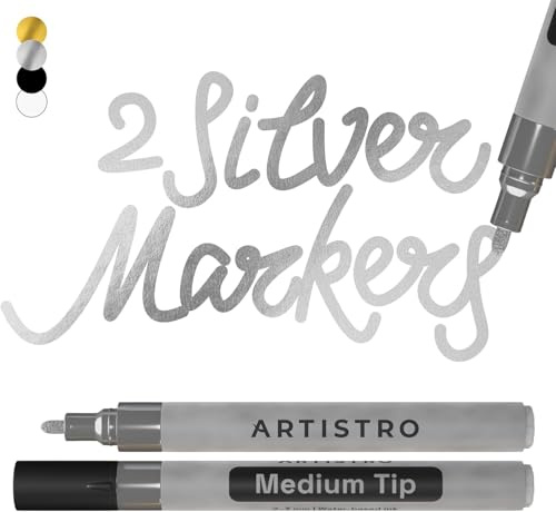 Artistro 2 Silber Metallic Acrylstifte für Stein, Keramik, Holz, Glas, Metall, Stoff, Kunststoff – 3 mm Mittlere Spitze Acrylmarker – Ideal für Scrapbooking, DIY Basteln & Kunstprojekte