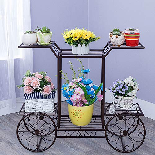 SZITW Blumentopf-Pflanzenständer aus Metall, Halter für Garten, Terrasse, Blumenregal, Pflanzenregale, 4-stufiges Ausstellungsregal, Gartenwagen-Ständer für Innen- und Außendekoration, braun