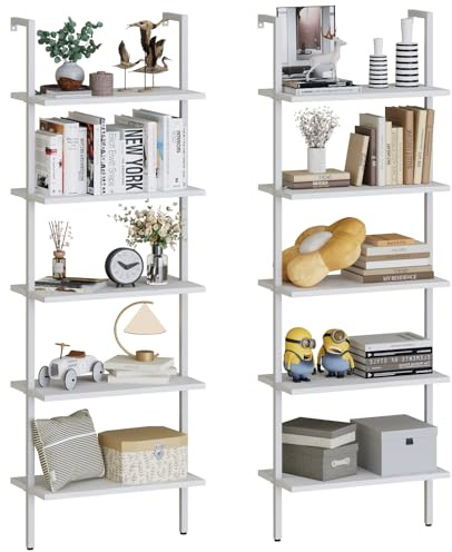 aboxoo Ladder Shelf 2 PCS White Bookshelf 5-Tier Wooden Open Shelf Wall-Mounted Wood Rack Industrial Modern Plant Flower Stand Utility Organizer Bookcase Metal Frame Furniture Office Kitchen Bedroom