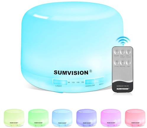SUMVISION Diffuser Humidifier For Bedroom Electric Diffusers For Home Office 500ml Essential Oil LED Night Remote Control Leak Proof Auto Shutoff Aromatherapy BPA FREE (UK DESIGN FREE UK TECH SUPPORT)